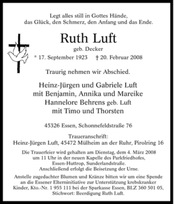 Traueranzeige von Ruth Luft von Tageszeitung