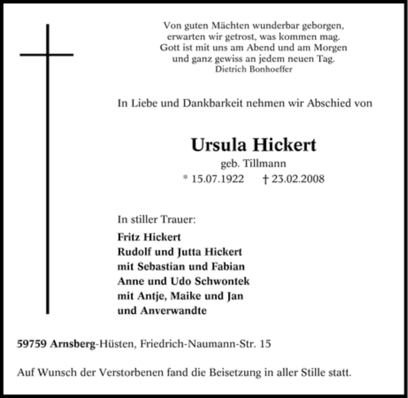 Traueranzeige für Ursula Hickert vom 01.03.2008 aus Tageszeitung