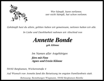 Traueranzeige von Annette Bonde von Tageszeitung