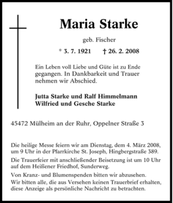 Traueranzeige von Maria Starke von Tageszeitung