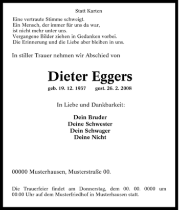 Traueranzeige von Dieter Eggers von Tageszeitung