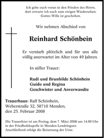 Traueranzeige von Reinhard Schönbein von Tageszeitung