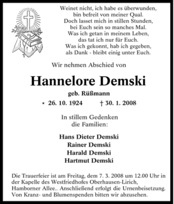 Traueranzeige von Hannelore Demski von Tageszeitung