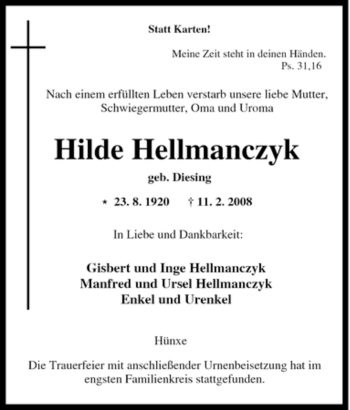 Traueranzeige von Hilde Hellmanczyk von Tageszeitung