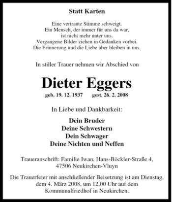 Traueranzeige von Dieter Eggers von Tageszeitung