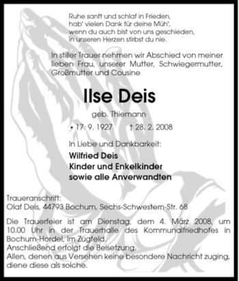 Traueranzeige von Ilse Deis von Tageszeitung