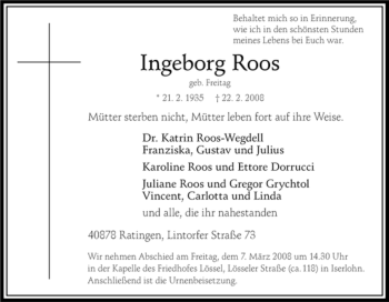 Traueranzeige von Ingeborg Roos von Tageszeitung