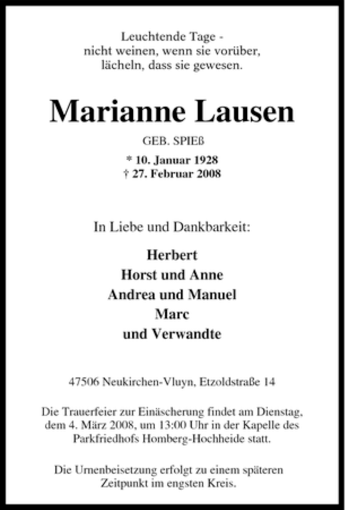  Traueranzeige für Marianne Lausen vom 01.03.2008 aus Tageszeitung