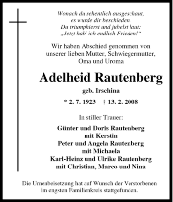 Traueranzeige von Adelheid Rautenberg von Tageszeitung