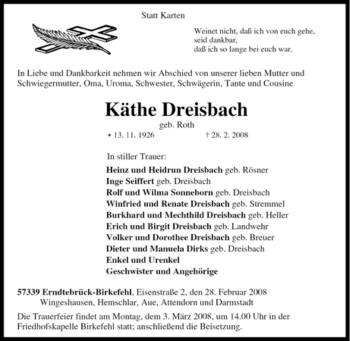 Traueranzeige von Käthe Dreisbach von Tageszeitung