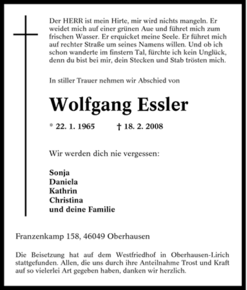  Traueranzeige für Wolfgang Essler vom 01.03.2008 aus Tageszeitung