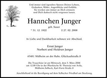 Traueranzeige von Hannchen Junger von Tageszeitung
