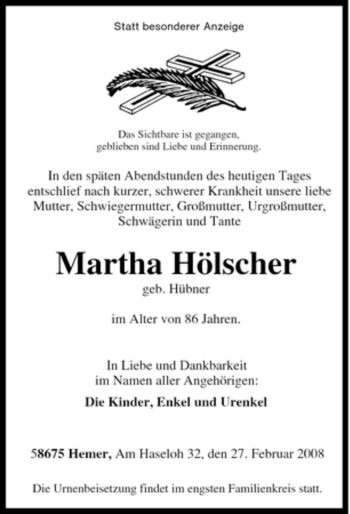 Traueranzeige von Martha Hölscher von Tageszeitung