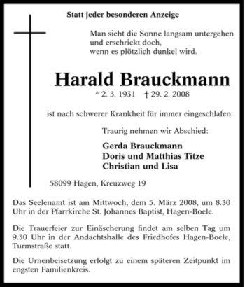 Traueranzeige von Harald Brauckmann von Tageszeitung