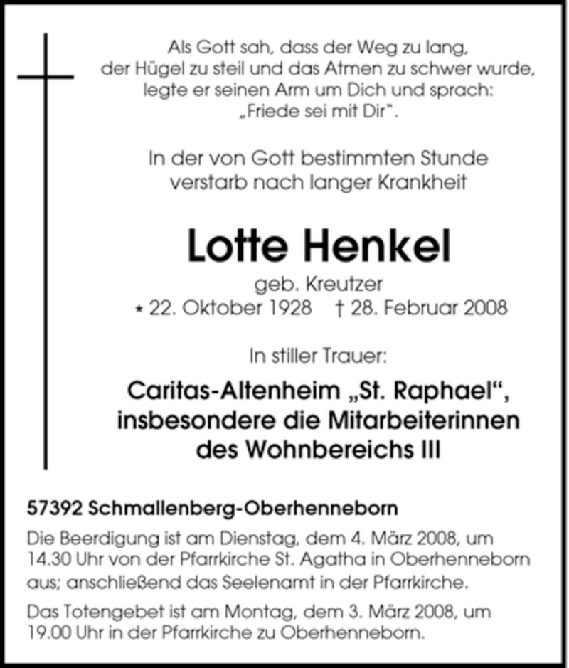  Traueranzeige für Lotte Henkel vom 01.03.2008 aus Tageszeitung