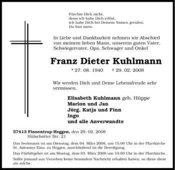 Traueranzeige von Franz Dieter Kuhlmann von Tageszeitung