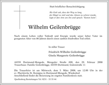 Traueranzeige von Wilhelm Geilenbrügge von Tageszeitung