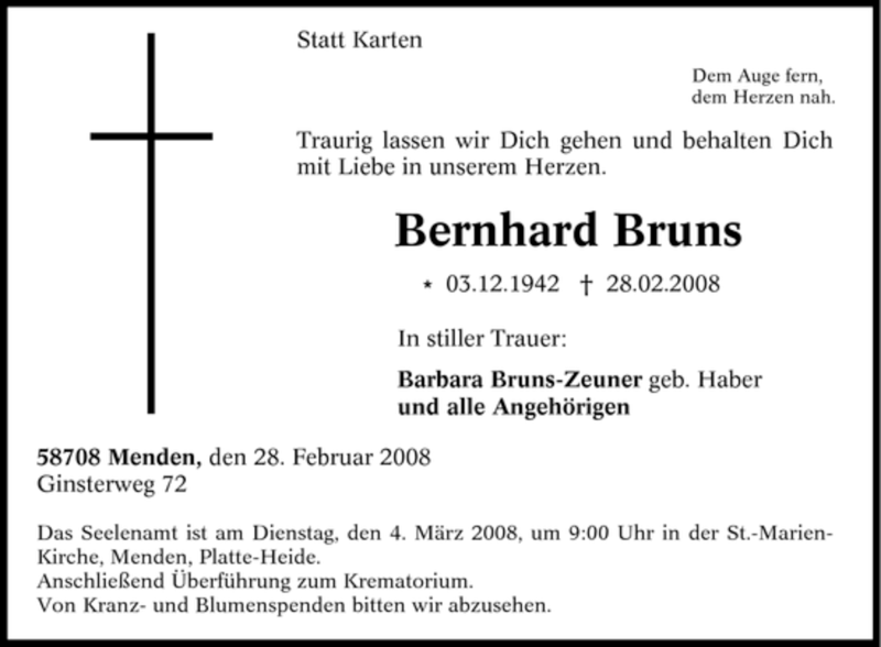  Traueranzeige für Bernhard Bruns vom 01.03.2008 aus Tageszeitung