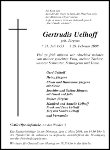 Traueranzeige von Gertrudis Uelhoff von Tageszeitung