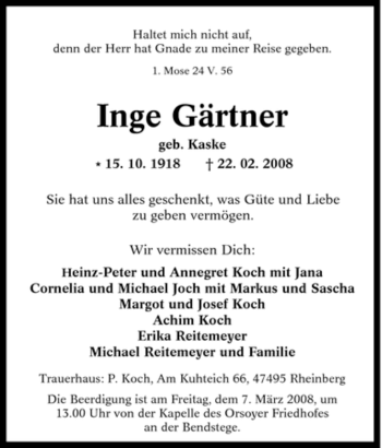 Traueranzeige von Inge Gärtner von Tageszeitung