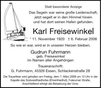 Traueranzeige von Karl Freisewinkel von Tageszeitung