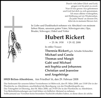 Traueranzeige von Hubert Rickert von Tageszeitung
