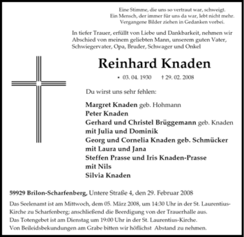Traueranzeige von Reinhard Knaden von Tageszeitung
