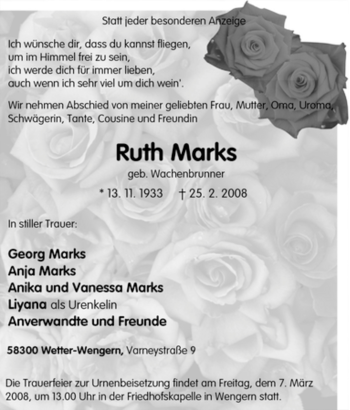 Traueranzeige von Ruth Marks von Tageszeitung