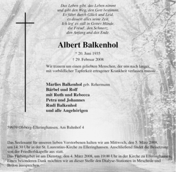 Traueranzeige von Albert Balkenhol von Tageszeitung