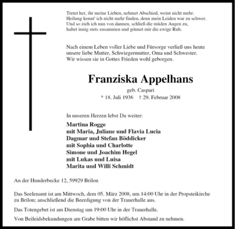  Traueranzeige für Franziska Appelhans vom 03.03.2008 aus Tageszeitung