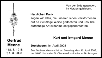 Traueranzeige von Gertrud Menne von Tageszeitung