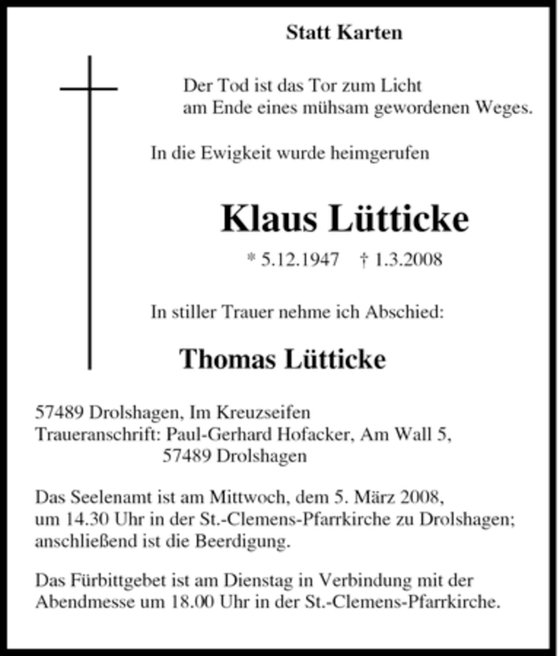  Traueranzeige für Klaus Lütticke vom 03.03.2008 aus Tageszeitung