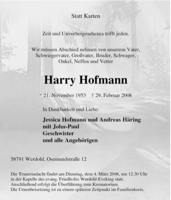 Traueranzeige von Harry Hofmann von Tageszeitung