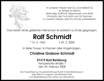 Traueranzeige von Ralf Schmidt von Tageszeitung