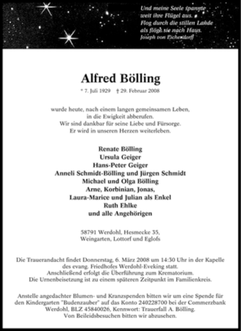 Traueranzeige von Alfred Bölling von Tageszeitung