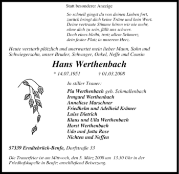 Traueranzeige von Hans Werthenbach von Tageszeitung