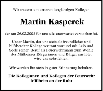 Traueranzeige von Martin Kasperek von Tageszeitung