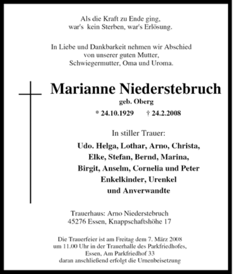  Traueranzeige für Marianne Niederstebruch vom 04.03.2008 aus Tageszeitung