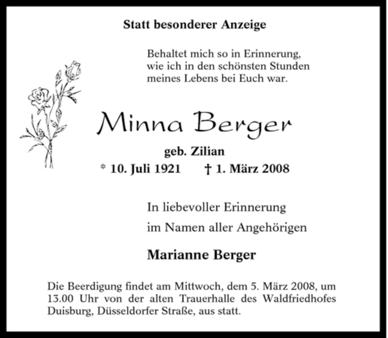  Traueranzeige für Minna Berger vom 04.03.2008 aus Tageszeitung
