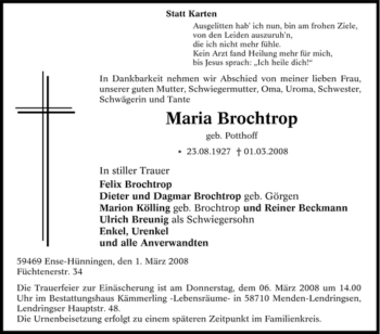 Traueranzeige von Maria Brochtrop von Tageszeitung