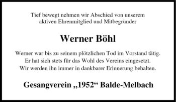 Traueranzeige von Werner Böhl von Tageszeitung