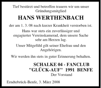 Traueranzeige von Hans Werthenbach von Tageszeitung