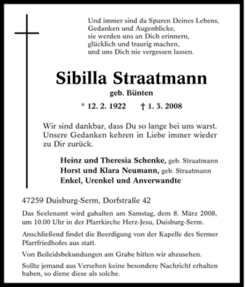 Traueranzeige von Sibilla Straatmann von Tageszeitung