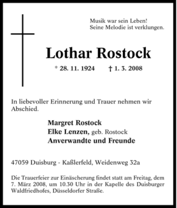 Traueranzeige von Lothar Rostock von Tageszeitung