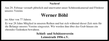 Traueranzeige von Werner Böhl von Tageszeitung