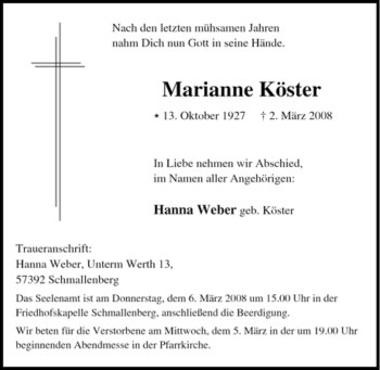 Traueranzeige von Marianne Köster von Tageszeitung