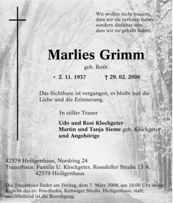 Traueranzeige von Marlies Grimm von Tageszeitung