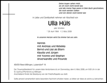 Traueranzeige von Ulla Hüls von Tageszeitung