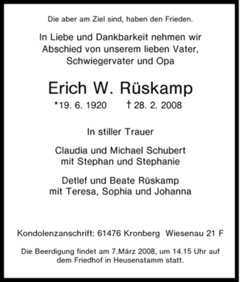 Traueranzeige von Erich W. Rüskamp von Tageszeitung