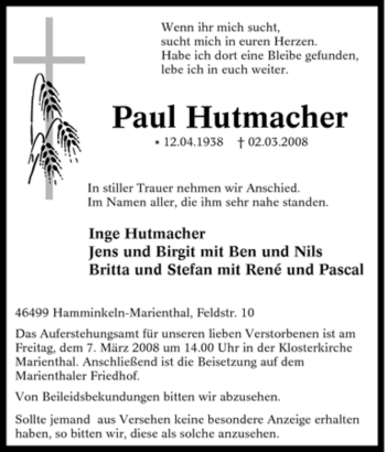 Traueranzeige von Paul Hutmacher von Tageszeitung